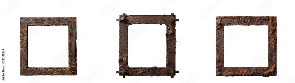 Poster three weathered rusty metal frames showcasing unique textures and characteristics in a row