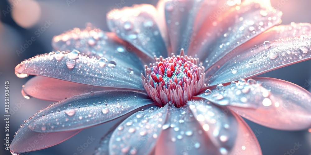 Poster a close up image showing a delicate flower with dew