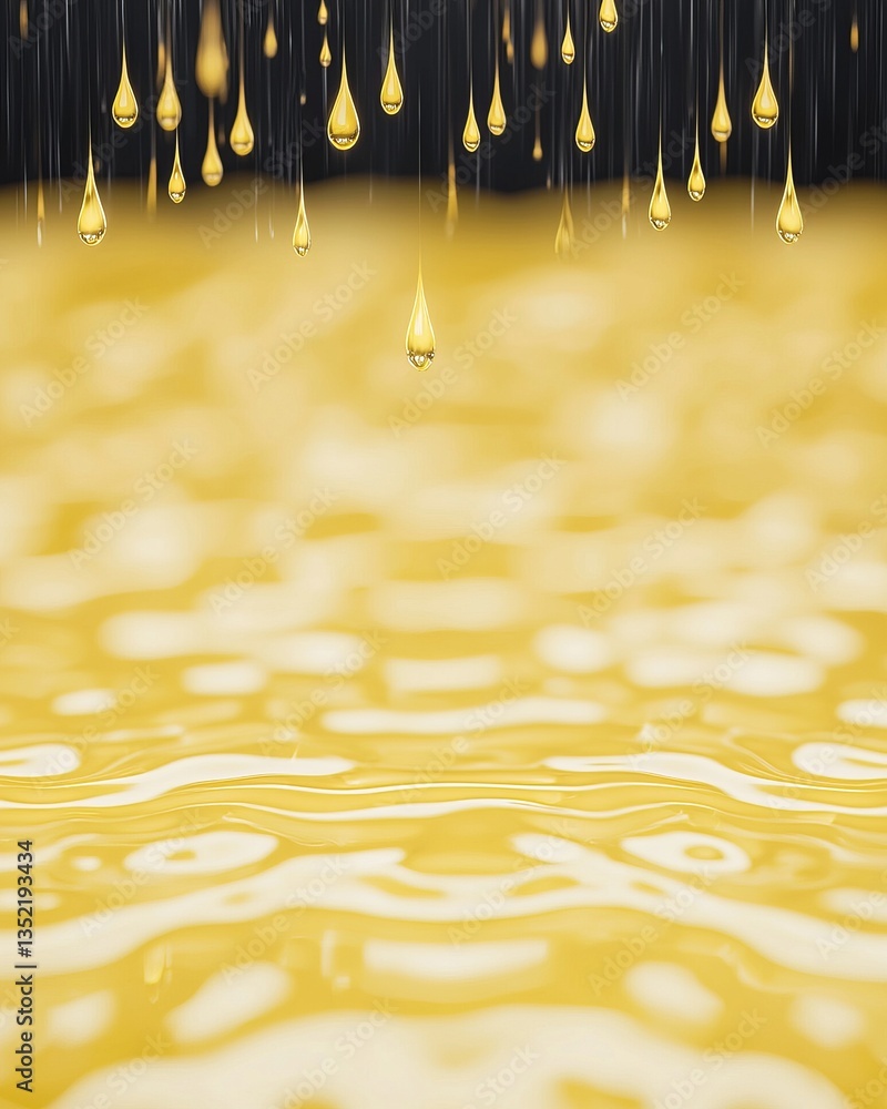 Poster a serene image depicting golden droplets falling into a yellow surface, creating ripples and a tranq