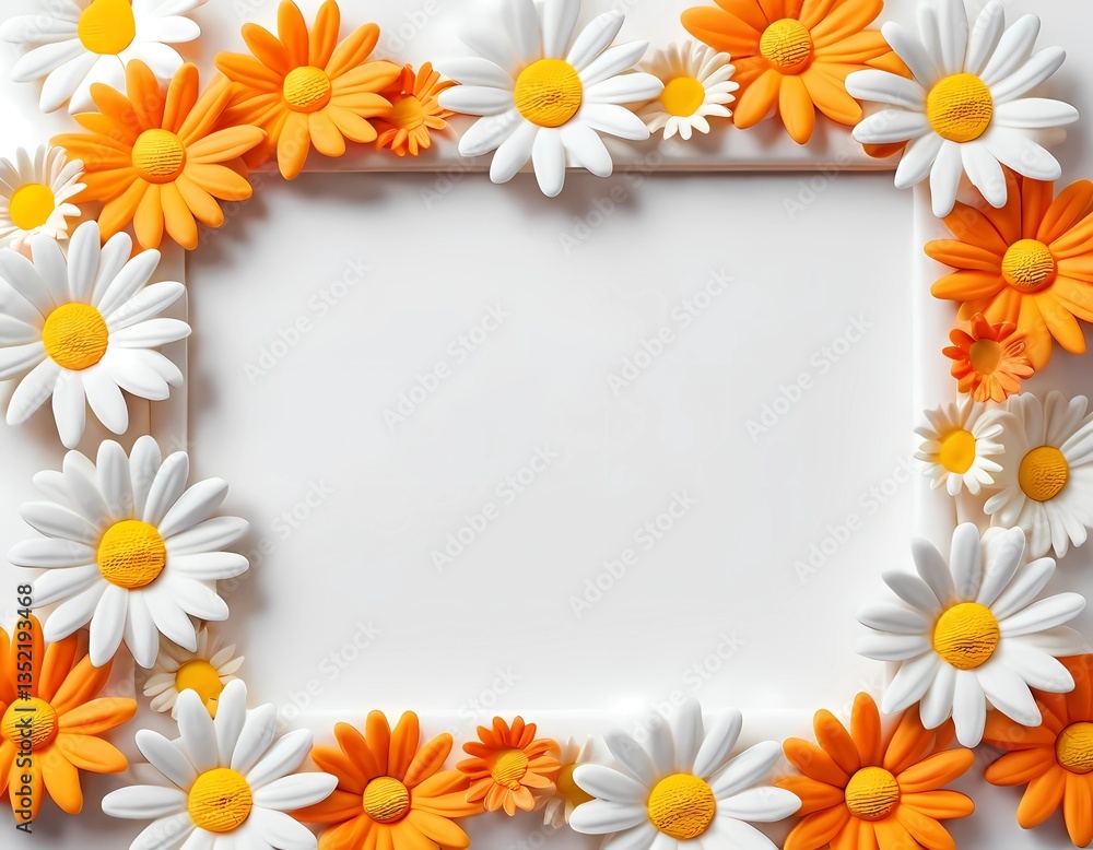 Poster a lively arrangement of white and orange daisies encircles an empty space, inviting artistic creatio