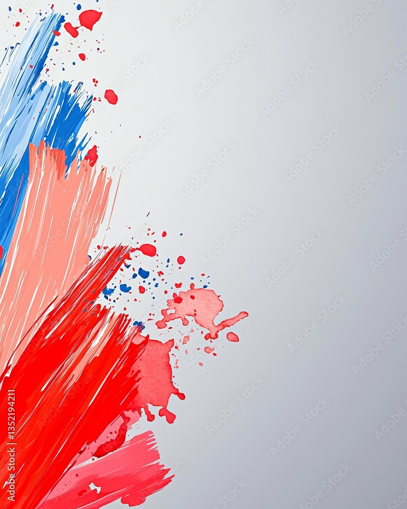 Poster abstract splash of red, blue, and pink paint strokes on a light background, creating a dynamic and a