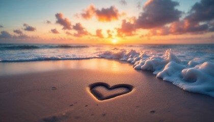 Sunset Beach Heart Drawing in Sand Romantic Ocean Scene