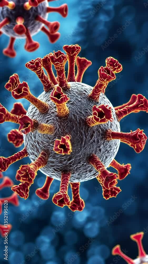 Poster microscopic view of a virus with spike proteins, showcasing intricate details of its structure and c