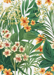 Tropical leaves and flowers. Seamless pattern for any surfaces.