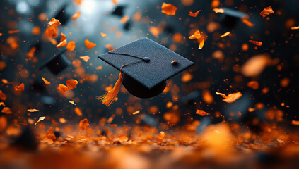 Graduation Cap Falling Amidst Orange Petals A Celebration of Achievement