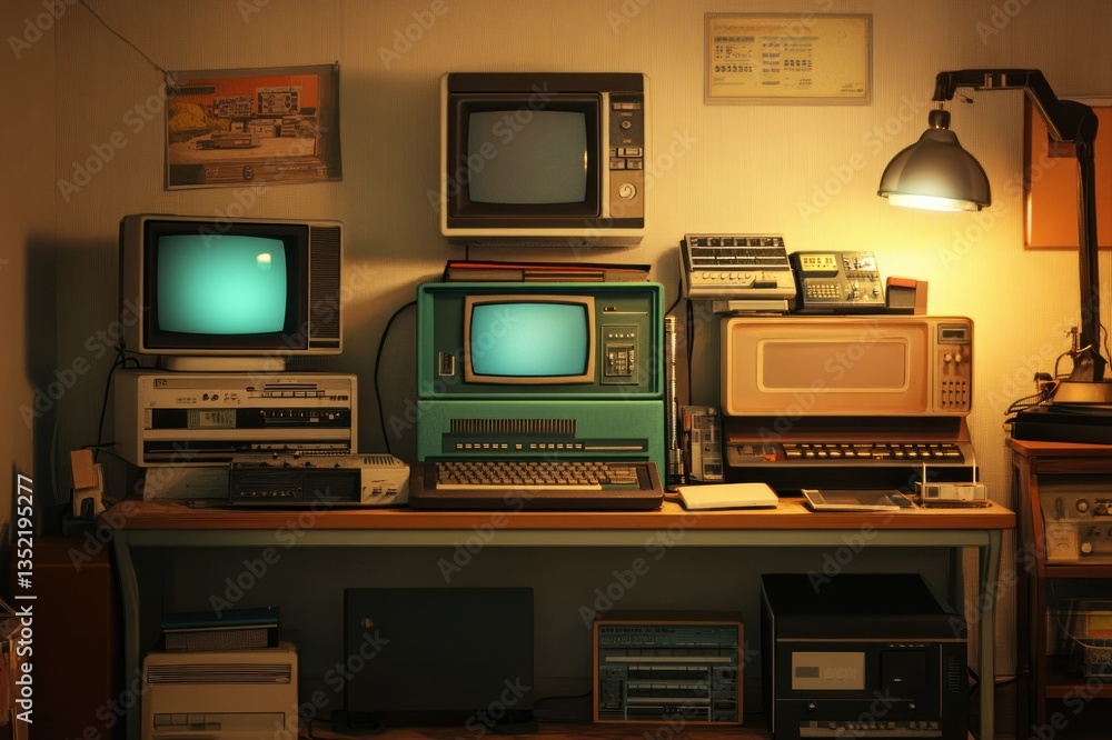 Aufkleber vintage technology display with retro computers and electronic devices in a nostalgic setting