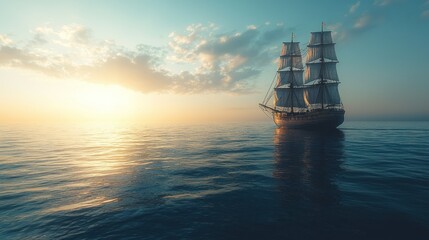 Fototapeta premium Sunset Sail: A Majestic Tall Ship at Golden Hour