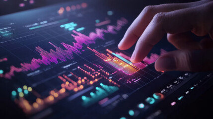 close up of hand interacting with colorful data visualization screen, showcasing graphs and charts that represent analytics and statistics. vibrant colors create dynamic and engaging atmosphere