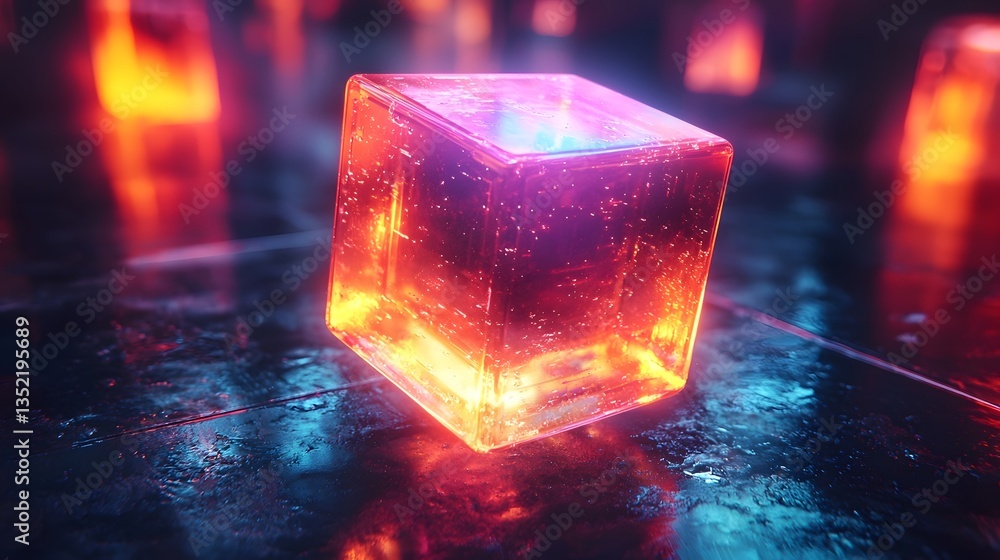 Poster glowing holographic cube with vibrant dynamic animations
