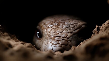 Close-up of a lizard emerging from burrow