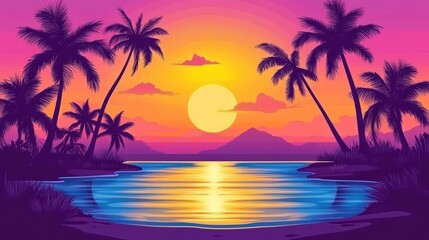 Vibrant Tropical Sunset Paradise: Silhouetted Palms Embrace a Serene Beachscape