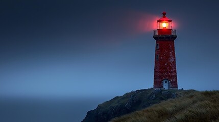 Naklejka premium Red lighthouse glowing at dusk on a cliff.