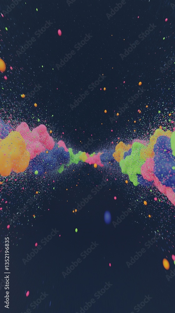 Poster a vibrant, abstract composition featuring colorful particles and splashes against a dark background,