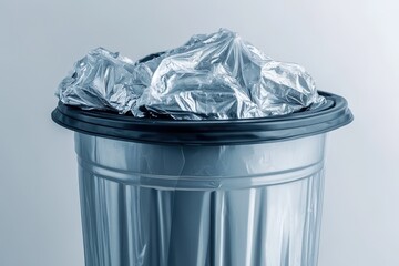 A Metal Trash Can With Trash Filled And Overflowing