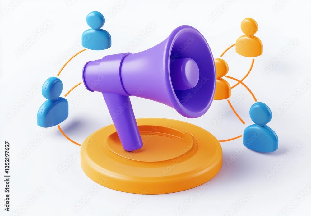 Poster 3D colorful megaphone with network icons representing communication and connections