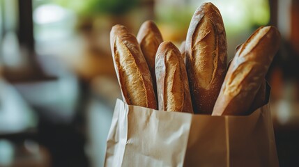 Freshly baked baguettes in a brown paper bag on a kitchen counter