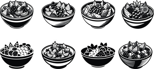 Set of Black and White Vector Illustrations of Fruit Bowls – Hand-Drawn Vintage Engraving Style