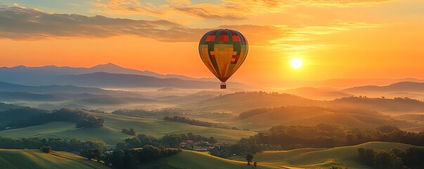 A hot air balloon floating over rolling hills at sunrise, offering a magical view