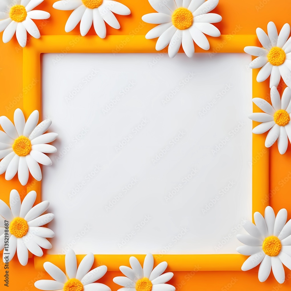 Poster colorful daisies create a charming border around a blank white space. the warm yellow and orange bac