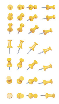 Yellow Isolated Push pin from different angle, transparent background, 3d rendered illustration