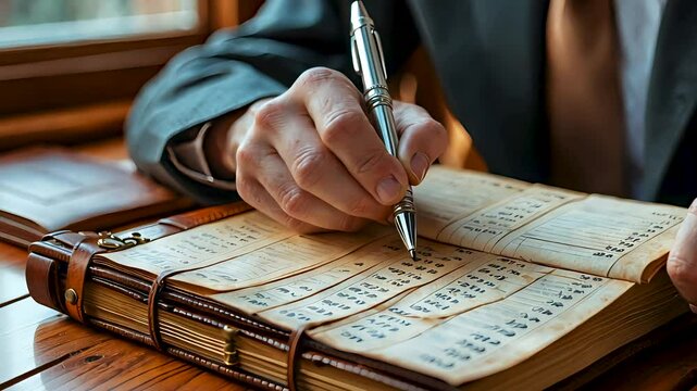 Hand Writing in Vintage Ledger Book in Warm Light at Wooden Desk
