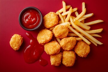 Naklejka premium four crispy chicken nuggets with french fries and ketchup on a vibrant red surface