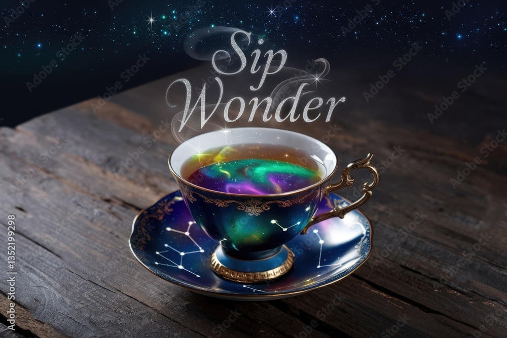 Poster elegant teacup with celestial design and aurora borealis reflection, featuring the text sip wonder o