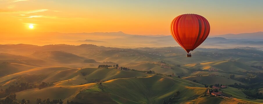 A hot air balloon floating over rolling hills at sunrise, offering a magical view