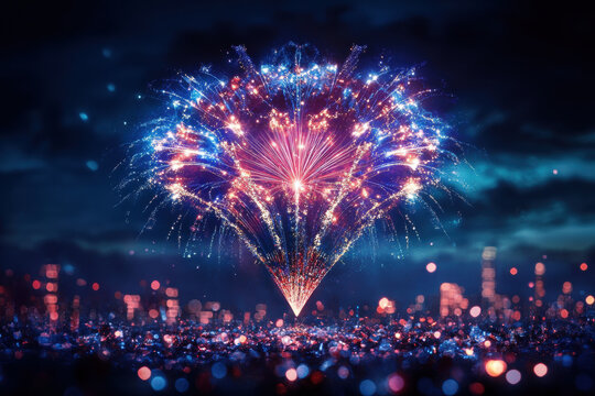 Colorful fireworks burst in the night sky above the glowing city lights, creating a captivating display of celebration and joy.