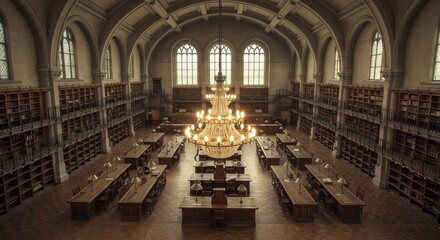 Obraz premium Grand Library Interior View with Bookshelves Tables and Ornate Chandelier