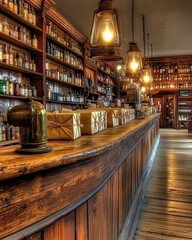 Naklejka premium Antique apothecary shop interior, wooden counter, vintage lighting, shelves filled with bottles, nostalgic atmosphere, rustic charm, old-fashioned packaging.