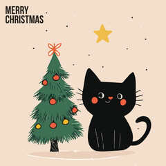 Illustration of Cute black Cat and red Christmas tree Cards