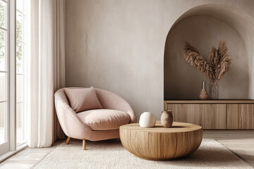 A living room featuring a round coffee table and a pink chair.