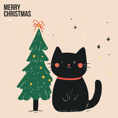 Illustration of Cute black Cat and red Christmas tree Cards