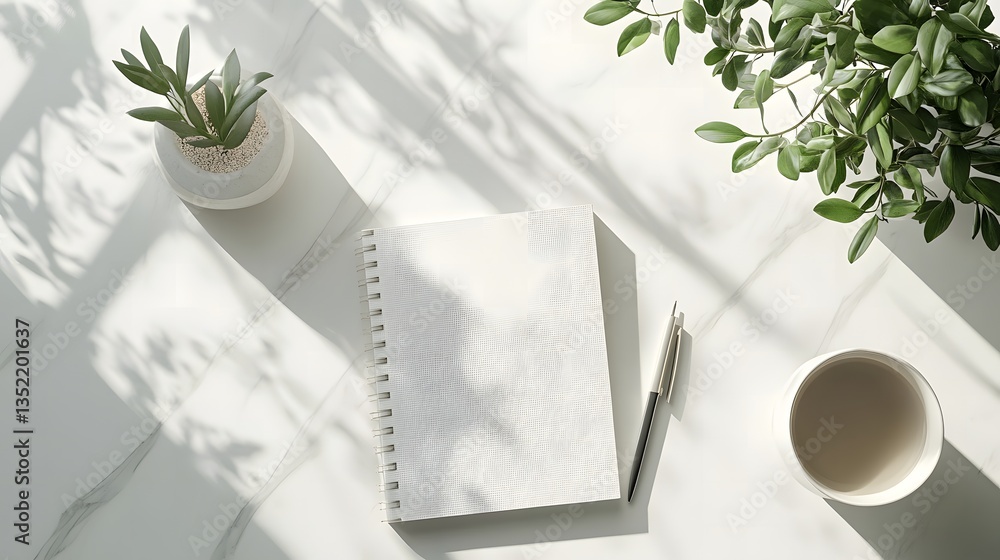 Poster minimalist notebook and pen displayed on a clean surface with a potted plant in a tranquil top-down 