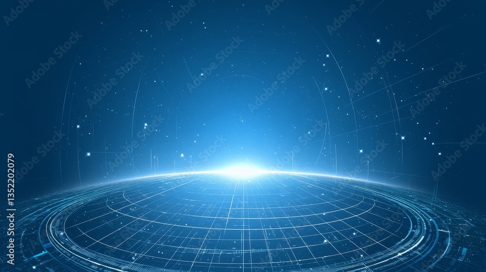 Poster futuristic digital landscape with glowing horizon and abstract data patterns in the background
