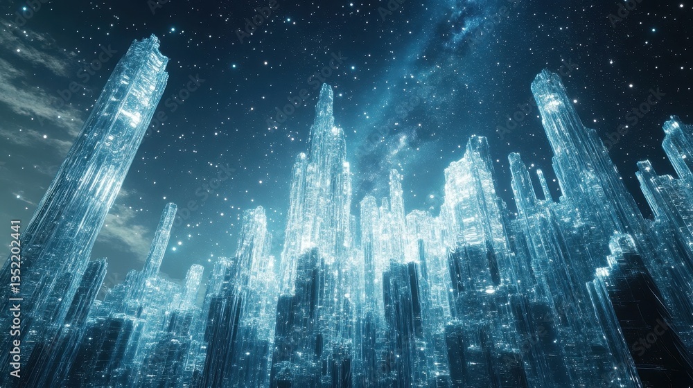 Poster sparkling crystal structures are beneath the starry and cloudy celestial space