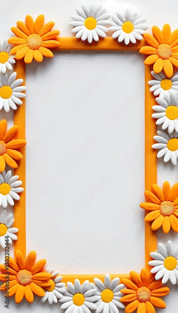 Poster a delightful arrangement of daisies in white and orange surrounds an empty space, creating a vibrant
