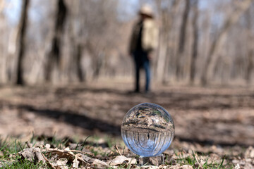View of bare trees and a standing man through a glass ball set on the ground among fresh grass in early spring. The glass ball contains an inverted image of a spring landscape and a man.