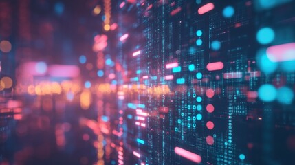 Obraz premium Abstract Digital Data Stream: Neon Lights and Binary Code in Cyberspace