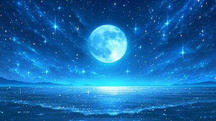 Serene night sky with a full moon illuminating a tranquil ocean under sparkling stars