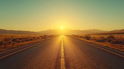 Fototapeta premium Sunrise over a long straight highway vanishing into the horizon.