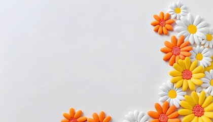 Obraz premium Floral elements in vivid yellow, white, and orange are arranged beautifully against a light, neutral backdrop, inviting a sense of calm and cheerfulness to any space Generative AI