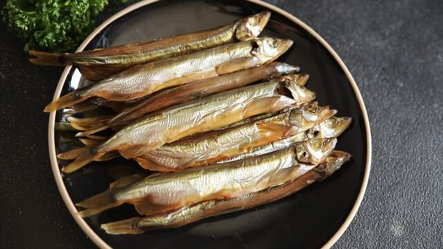 smoked capelin fish sprat vegetables dish fresh delicious gourmet food background on table rustic food top view copy space pescetarian diet