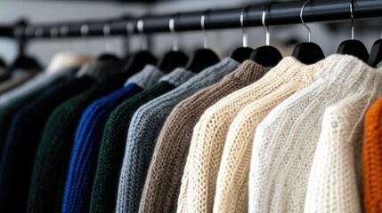 Colorful knitwear collection displayed on hangers.  Various shades of sweaters hang neatly on metal racks