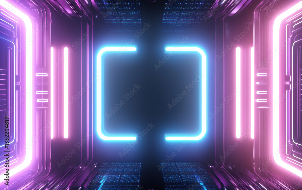 Poster futuristic space with intersecting neon paths creates vibrant atmosphere, showcasing glowing lines a