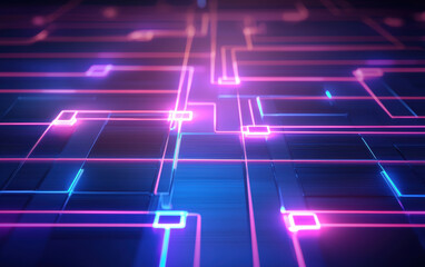 Fototapeta premium Vibrant abstract design featuring intersecting neon paths on dark background, evoking sense of futuristic technology and digital connectivity