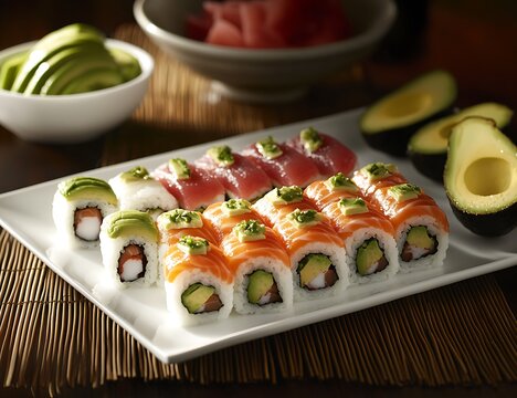 colorful assortment of fresh rainbow sushi rolls with various fish and avocado on a white platter