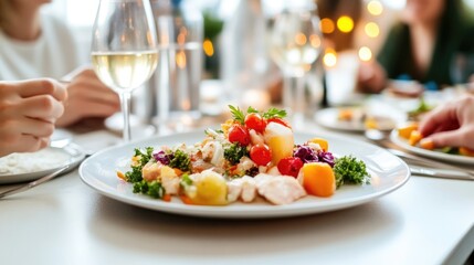 Delicious meal shared by friends. Colorful salad and appetizers