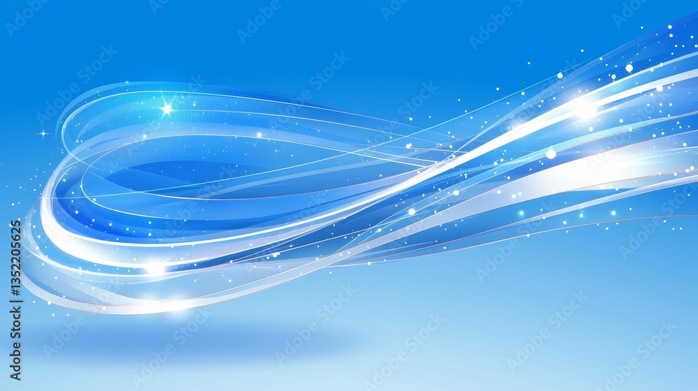 Poster abstract blue background with flowing light trails and sparkling effects, creating a serene atmosphe